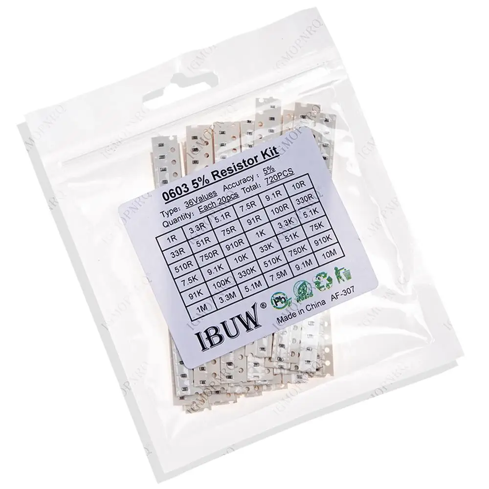 36values each 20pcs=720pcs 0603 1ohm-10Mohm SMD Resistor Kit Assorted Kit 1% component diy 1R 3.3R 5.1R 100R 1K 10K 100K 10M