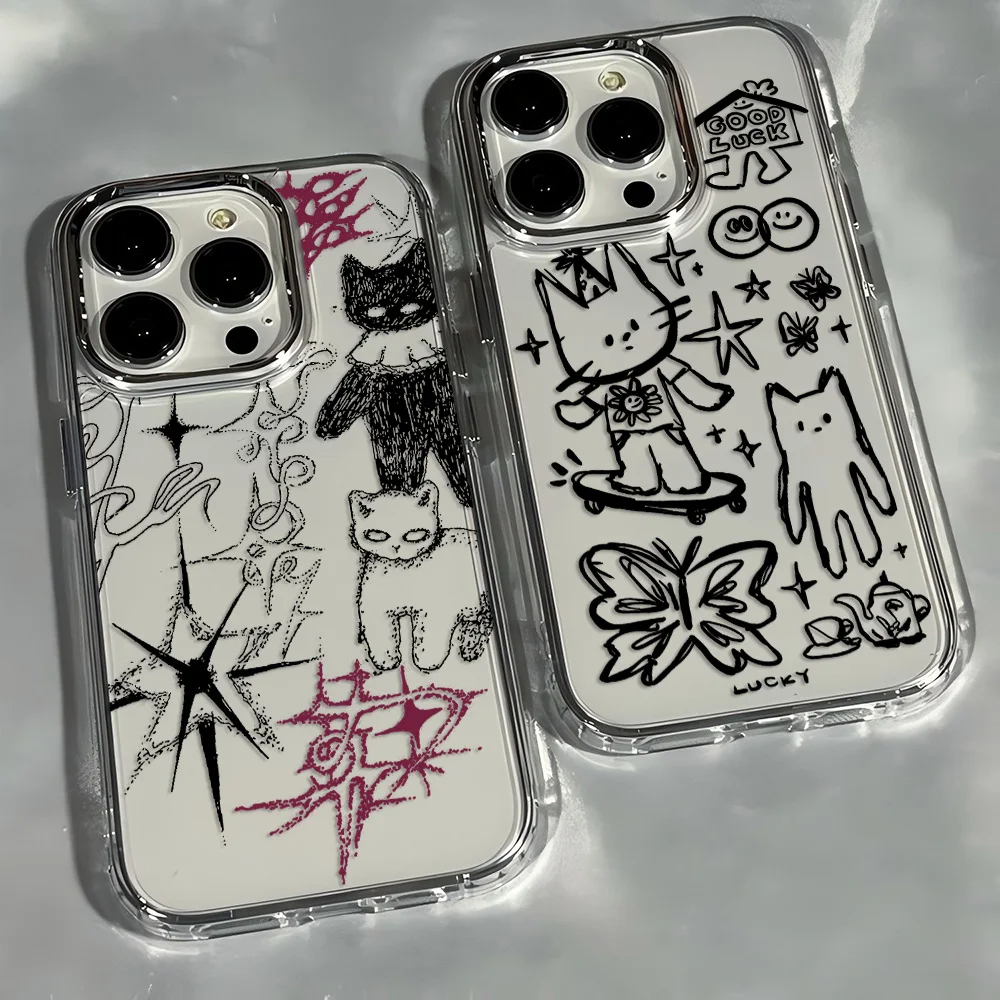 Black Cat Sketch Kitten Phone Case For iPhone 17 16e 16 15 14 13 12 11 mini Pro Max X XR XSMAX 8 Air Plus Transparent Soft Cover