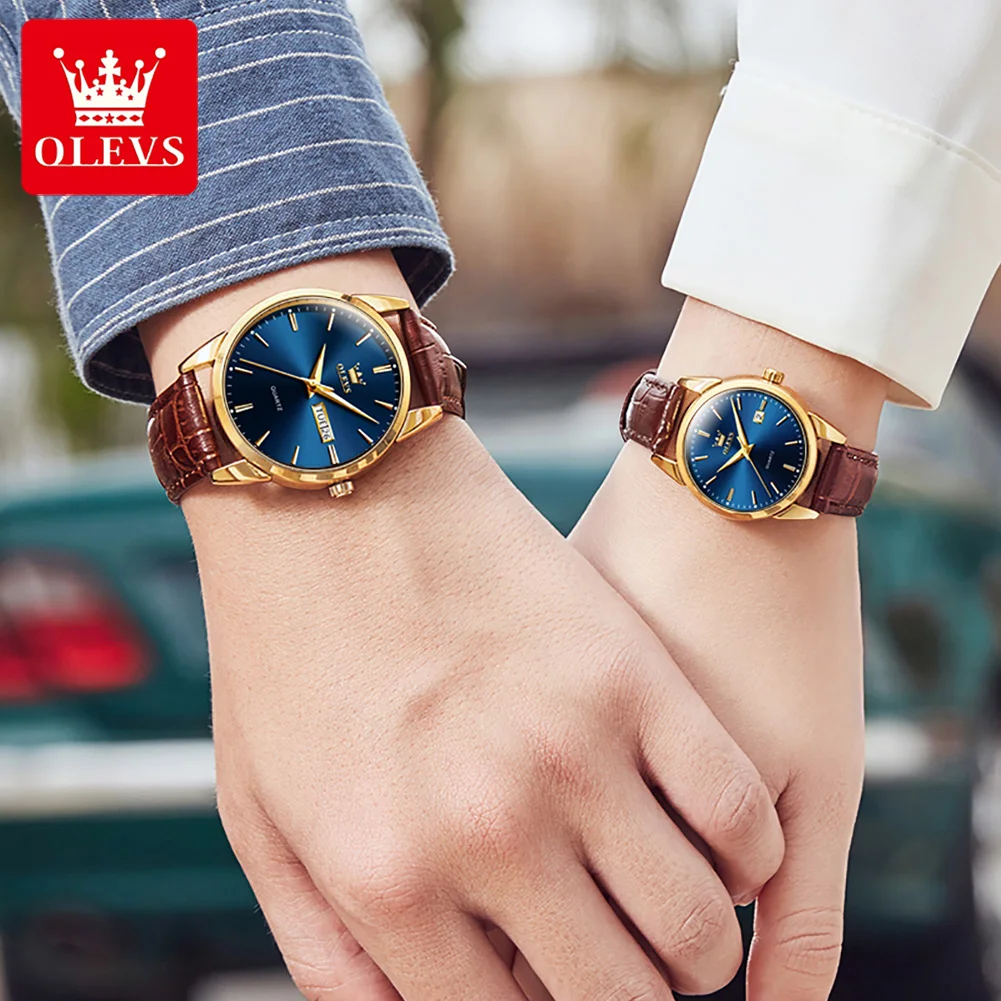 OLEVS 6898 Fashion Waterproof Couple Wristwatches, PU Strap High Quality Exquisite Quartz Watches For Couple Luminous Calendar