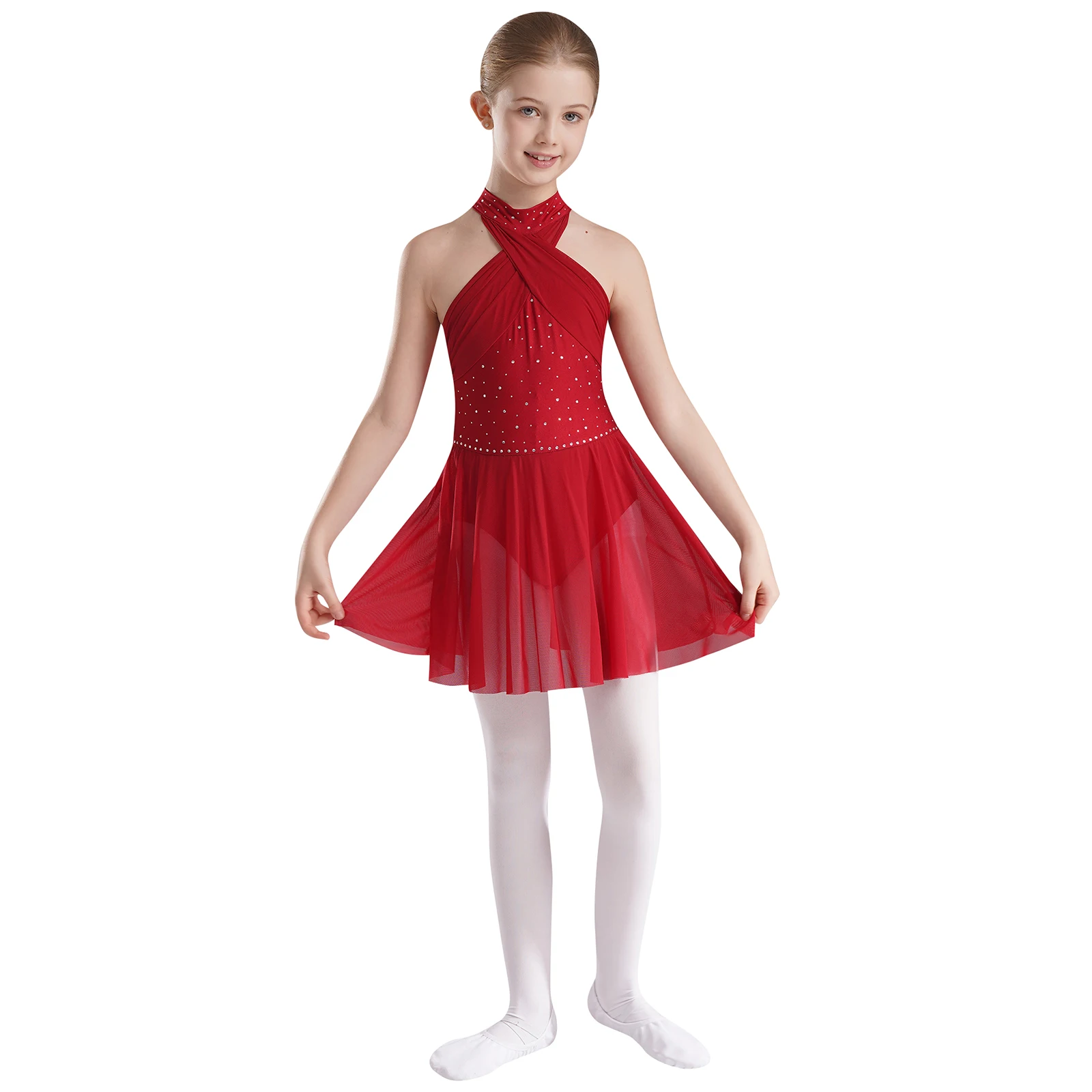 Bambini ragazze Halter Ballet Mesh Tutu Dress body Stage Performance Ballroom Dance Dress Figure Ice Skating Dress costumi di danza