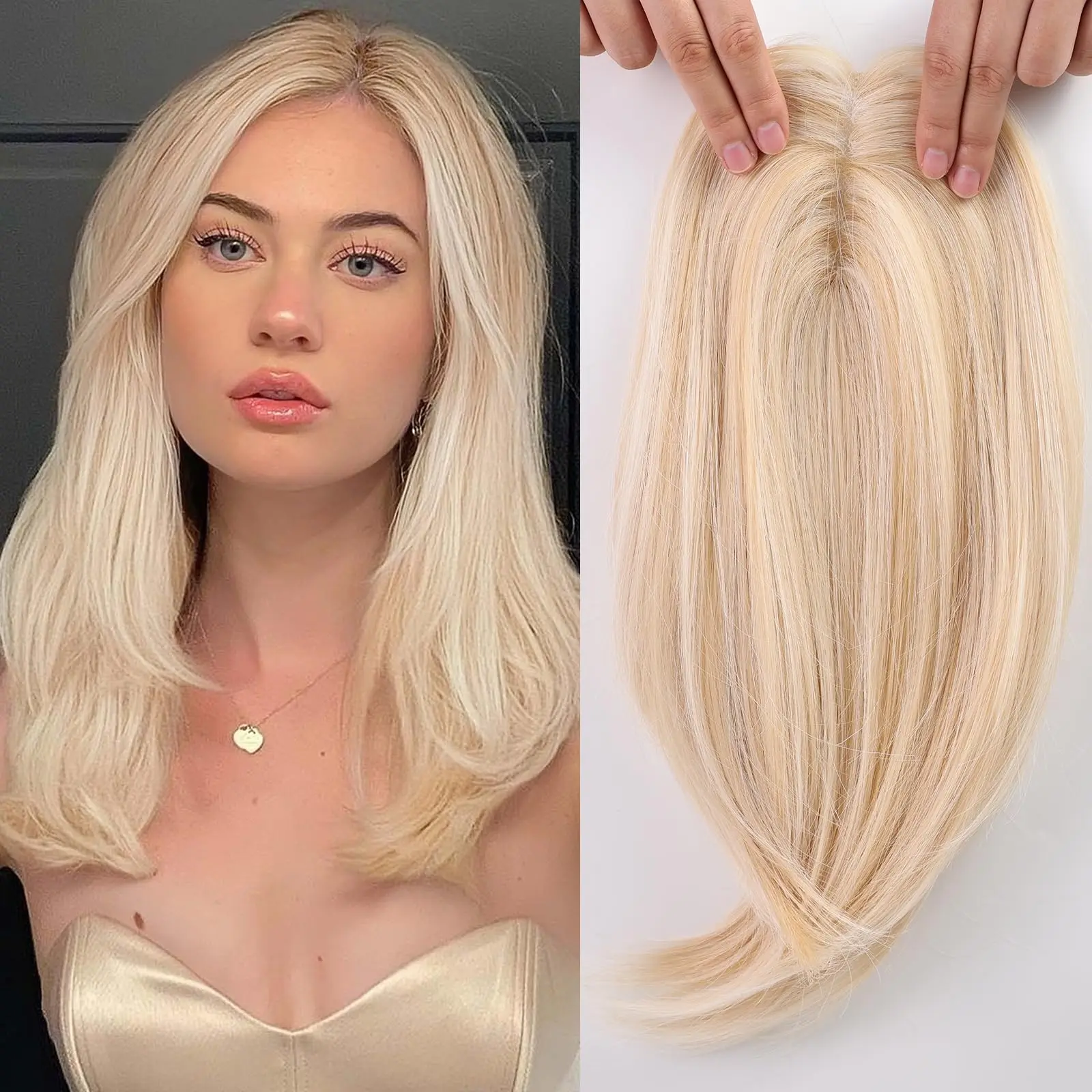 前髪付き女性用人毛ヘアピース-レースベース-ミドルパート--9x14cm-12インチ-接着剤やテープ不要