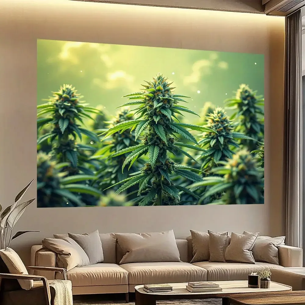 Green Marijuana Plant Leaves Sunlight Nature Background 2D Flat Tapestry Backdrop For Grow Room Decor Herbal Wall Hanging Art