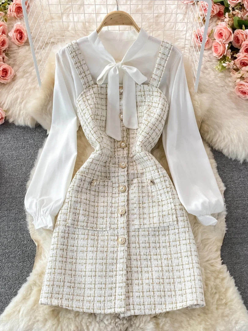 Women Two Piece Set 2021 Korean Fashion Bowtied Collar White Blouse And Spaghetti Strap Single Breasted Mini Tweed Dress Suits