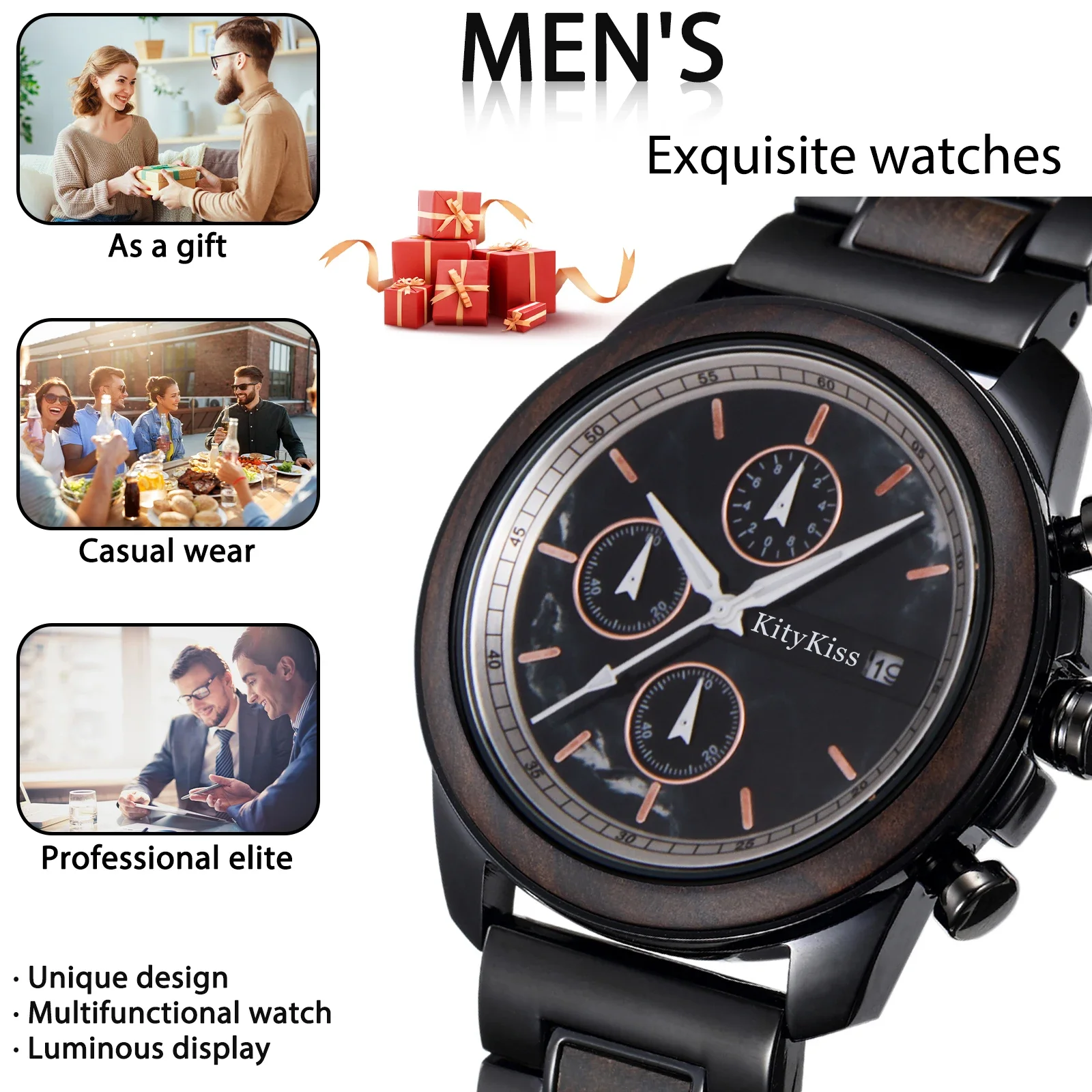 KityKiss Men's Luxury Alloy Combined with Wooden Watch Original Business Marble Surface Men's Watch Multi functional Quartz