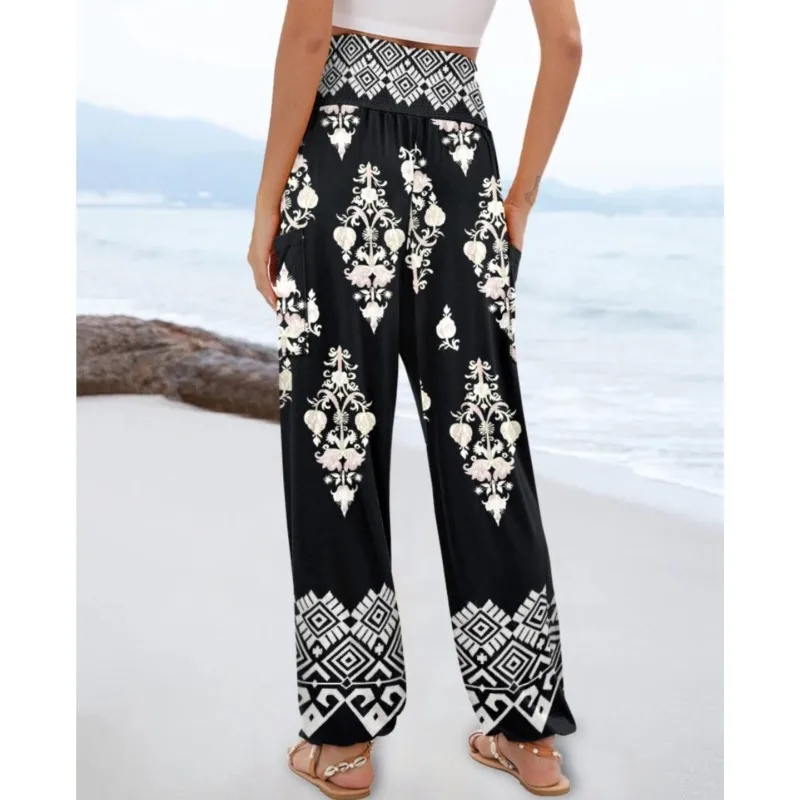 Beach Vacation Spring Summer Long Pant Women High Waist Wide Leg Trousers Print Boho Casual Fashion Loose Elegant Pant For Women
