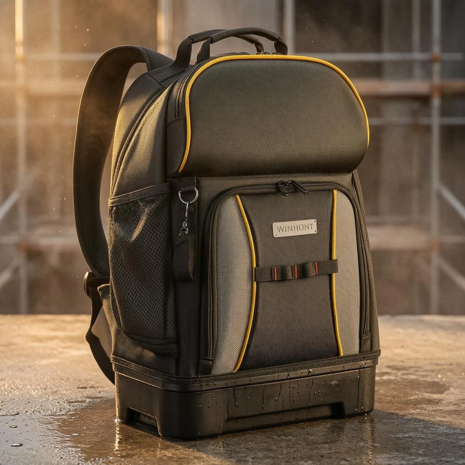 Tool Backpack Side Mesh Pockets Molded Base Tool Backpack Carrying Bag Padded Straps Structured Rectangular