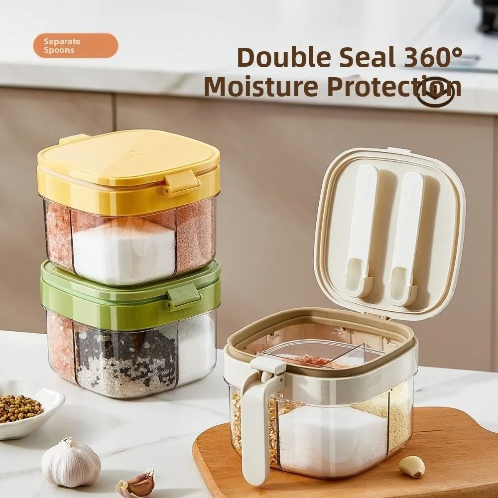 

Glass Sealed Seasoning Jar Push-type Leak-proof Condiment Storage Container Dustproof with Spoon Lid Sugar and Salt Container