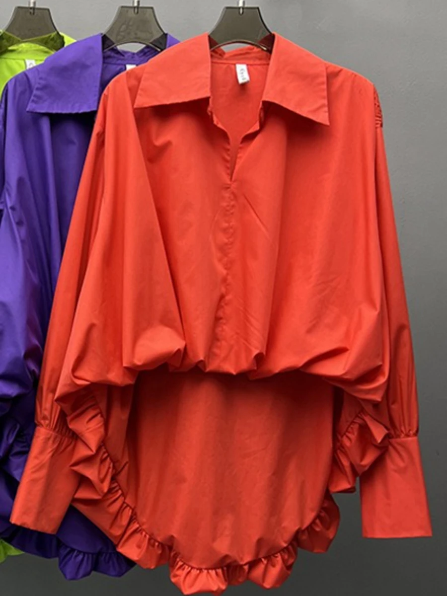 GALCAUR Solido Pieghe Impiombate Camicia Nozioni di Base Risvolto Femminile Manica Lunga Allentato Irregolare Casual Camicie da Donna Autunno Nuovo Stile di Moda