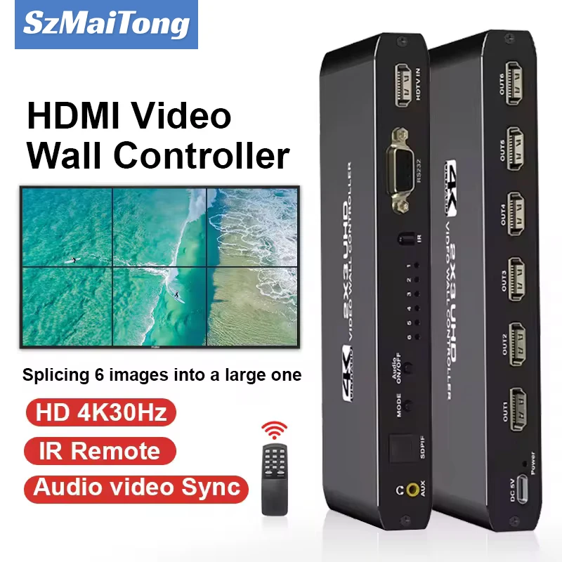 2x3 HDMI Video Wall Controller 4K 2x3 2x2 2x1 1x2 3x2 TV Wall 6 Screen Video Wall Stitching Processor with Audio TV Splicer Box