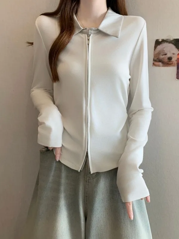 

Весенняя коллекция: Женская футболка с длинным рукавом больших размеров, топ с двойной молнией, модная повседневная одежда из полиэстера