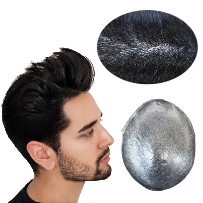 Alimice 15x20cm Natural Mens Human Hair Replacement System Injected Skin Gents Toupee Hairpiece