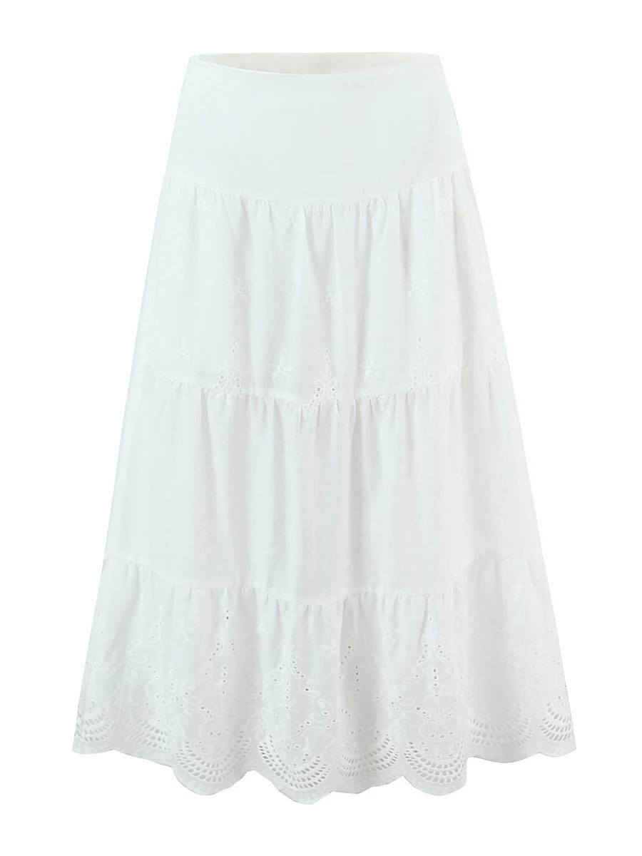 

Юбка миди женская из хлопка с вышивкой, а-силуэт, с завышенной талией, приталенная, с ажурными вставками, в стиле фэйри