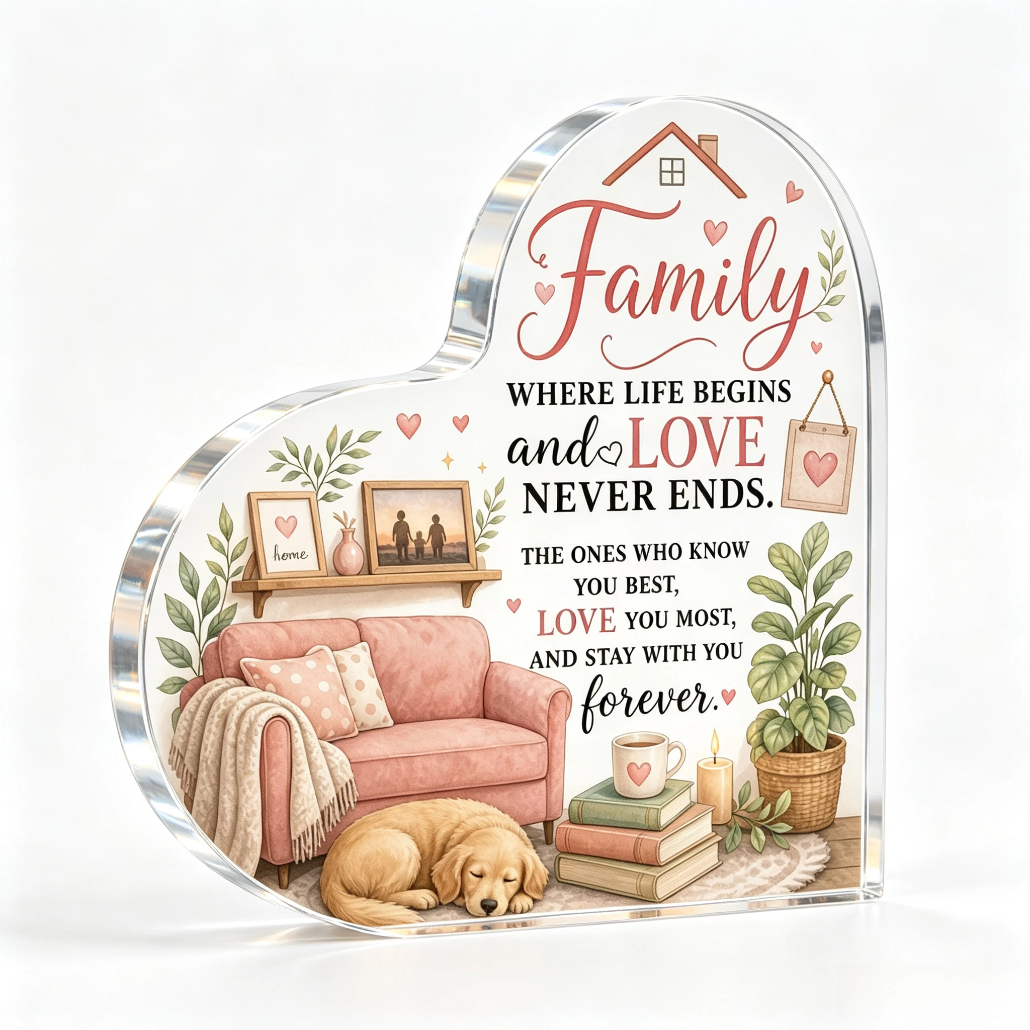 Family Where Life Begins Heart‑Shaped Acrylic Plaque Cozy Home Scene Golden Retriever Desktop Home Decor Gift