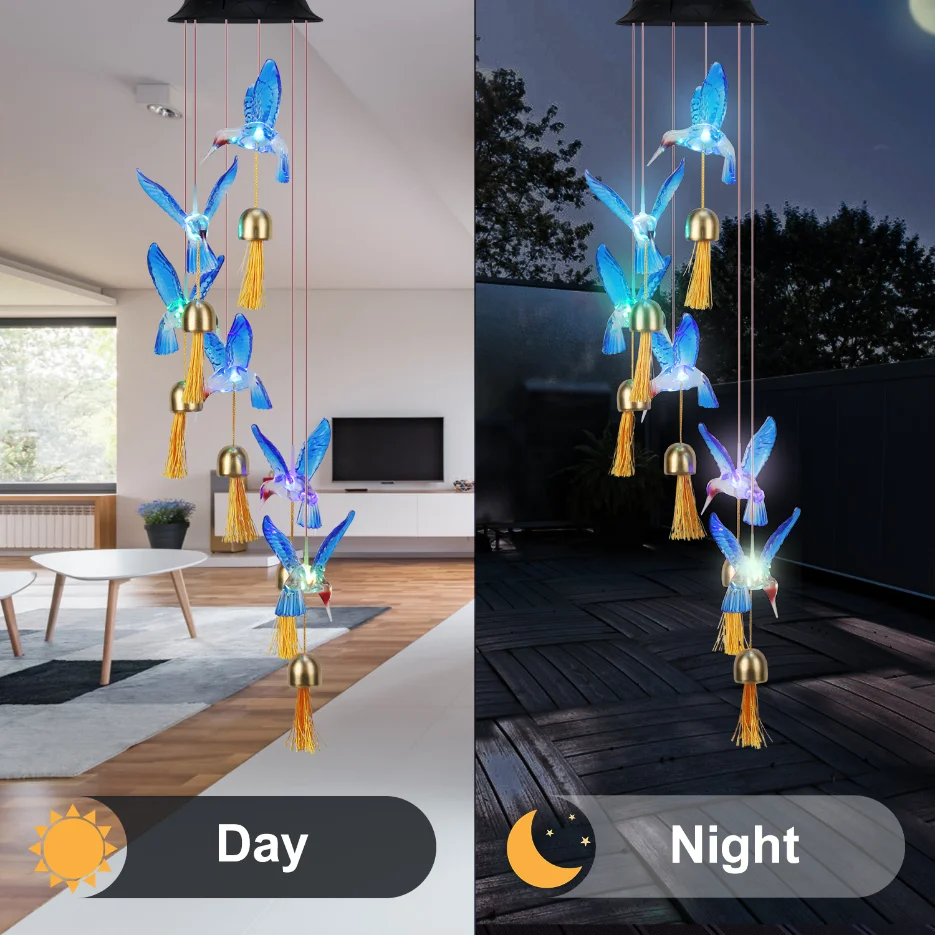 

Колокольчик ветряной на солнечной батарее с изменением цвета, маленький водонепроницаемый колокольчик Колибри, украшение для улицы, для внутреннего двора, сада