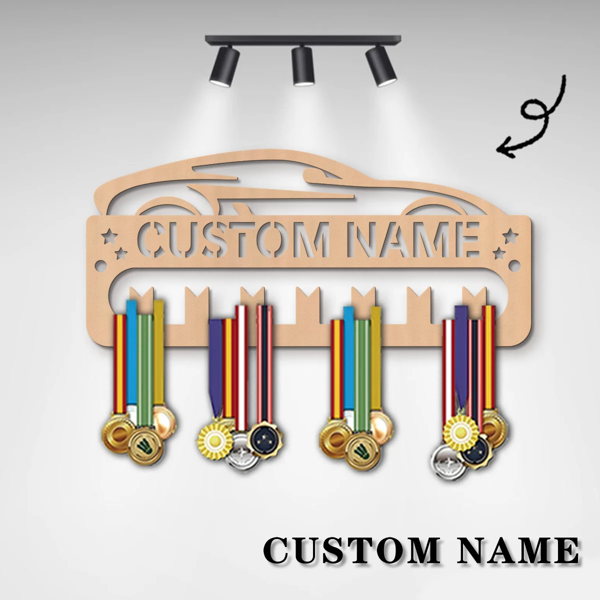 1pc Custom Wooden Cool racing car Medal Hanger, Personalized Medal Display Rack for Athletes,Ideal Gift for Family Friends