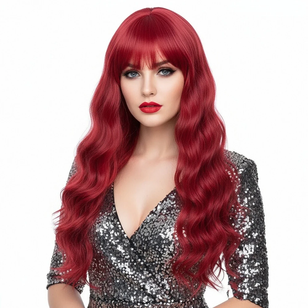 

MSIWIGS Long Red Synthetic Cosplay Lolita Wigs with Bangs Two Tone Ombre Pink Red Hairpiece for Party