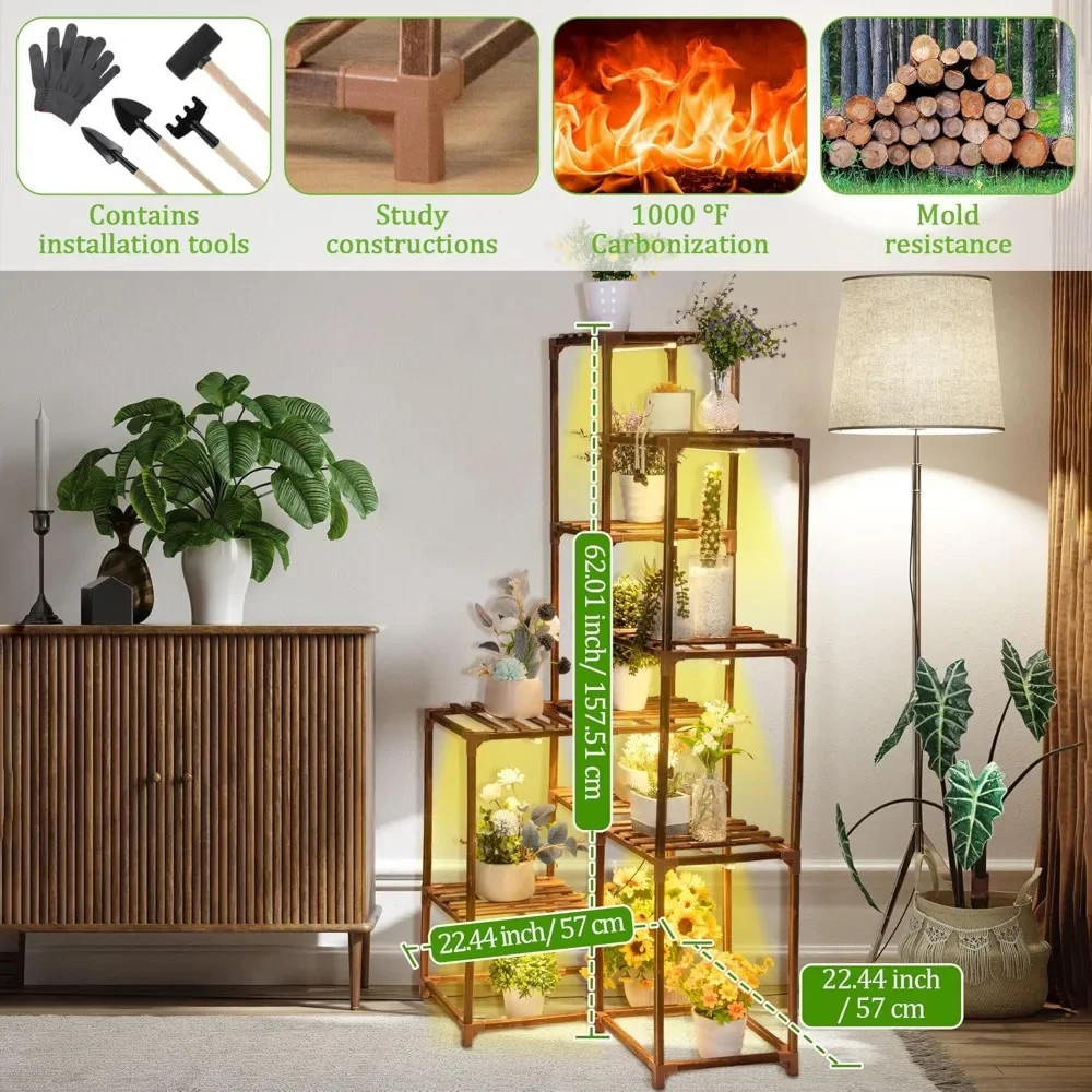 12 Tiered Plant Stand Indoor with Grow Lights, Wood Plants Flower Holder, Indoor Plant Shelf