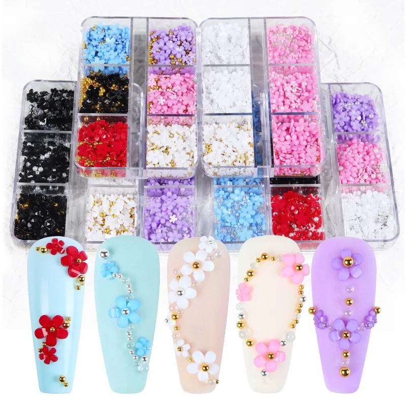 1 Box 6 Grids Mix Colors Gold Silver Beads Ball Pearl 5 Petal Flowers Resin Nail Art Rhinestones Jewelry Decals Manicure Charms