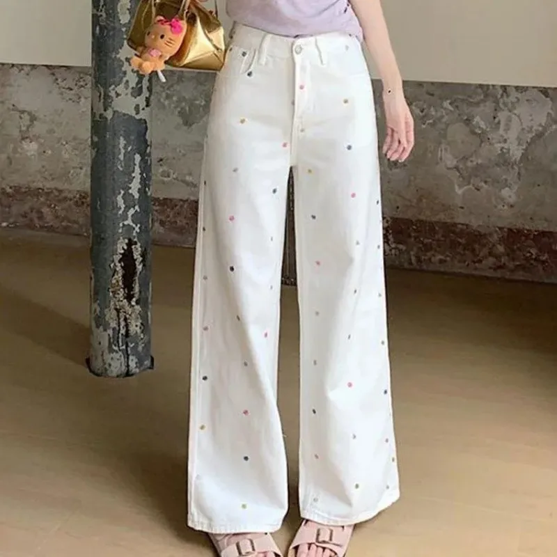 

Женские весенние белые джинсы с цветочной вышивкой, с высокой талией, широкими штанинами, свободного кроя, универсальные, прямые, в пол