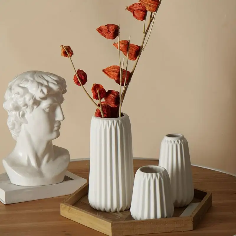 

White Ceramic Vase Set Vertical Ribbed Aesthetic Flower Vases Set Of 3 Boho Home Decorations Centerpiece For Bathroom Wedding