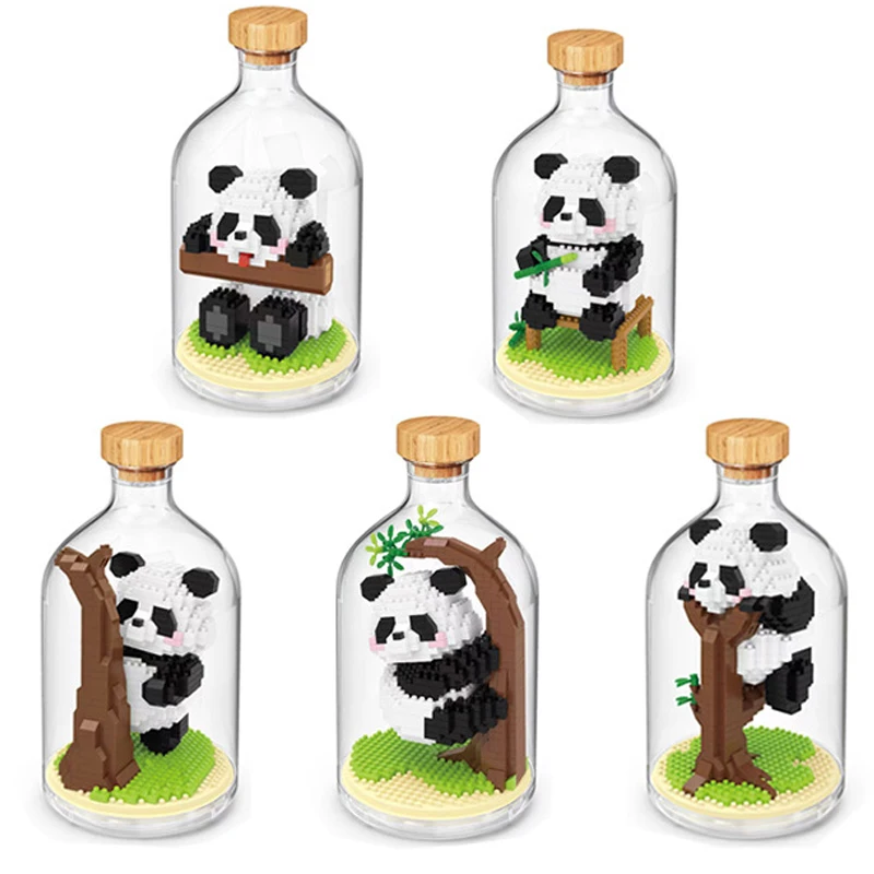 Panda in a Bottle Micro Building Blocks Kawaii Animal Climb Tree Mini Bricks with dust cover Home Decoration Toys For Adults Kid