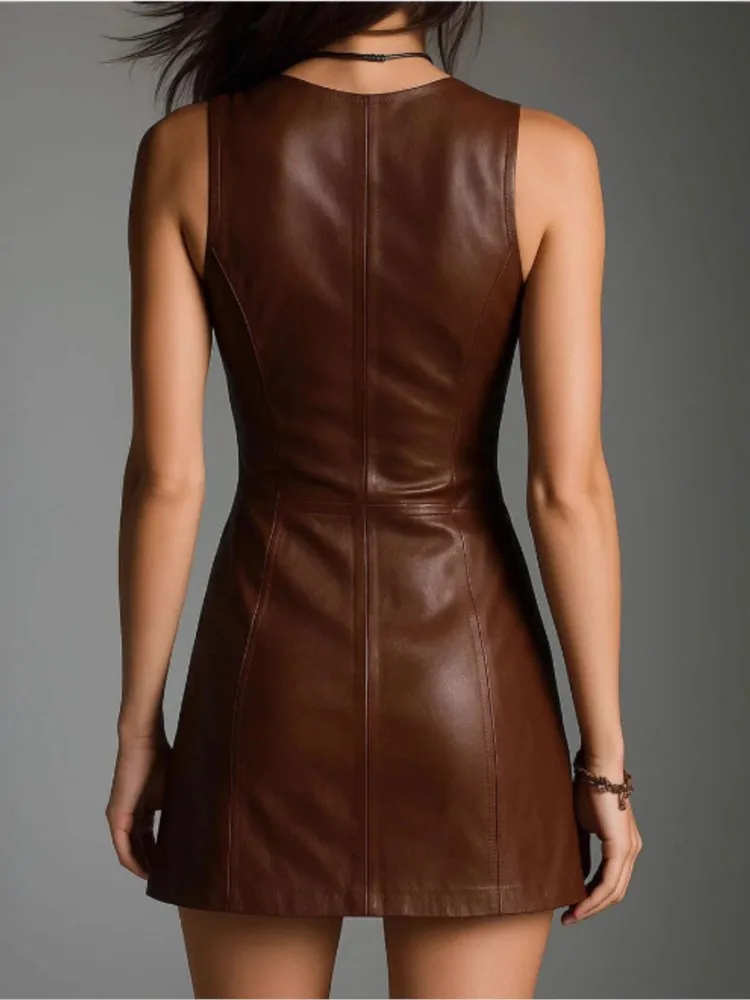 Women's New Fashion Commuting Dress Spring Sexy Hot Girl Locomotive Style Leather Zipper V-neck Sleeveless Waist Wrap Hip Dress
