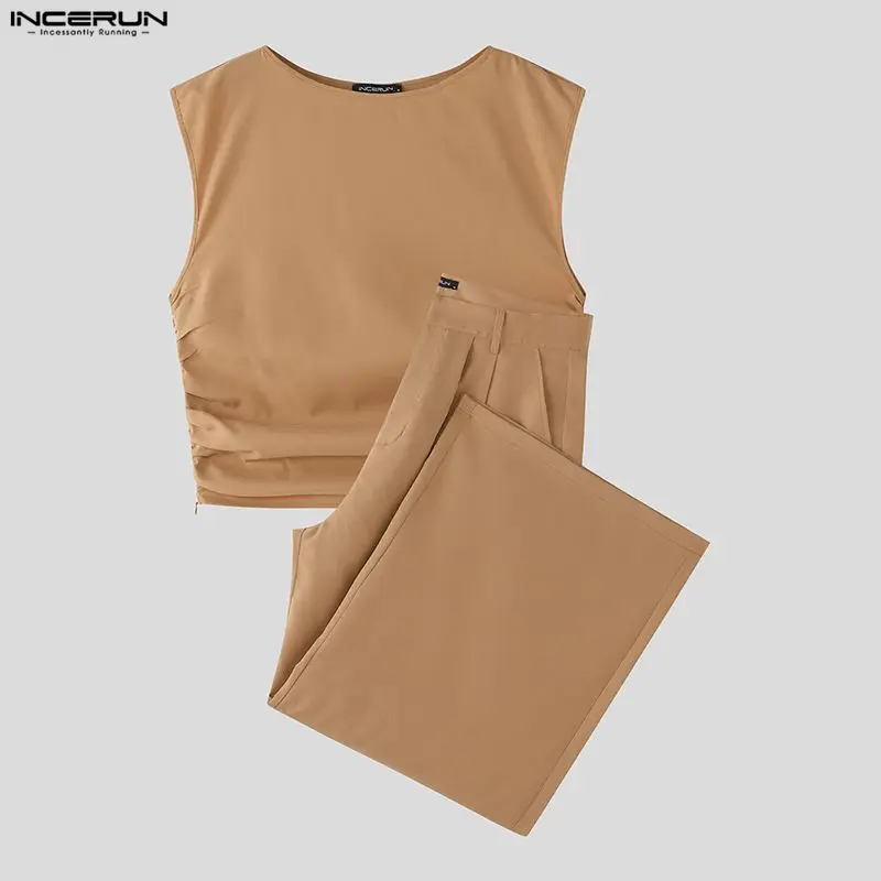 Incerun conjuntos masculinos cor sólida sem mangas plissado colheita tank tops & calças duas peças define streetwear solto 2025 moda ternos masculinos