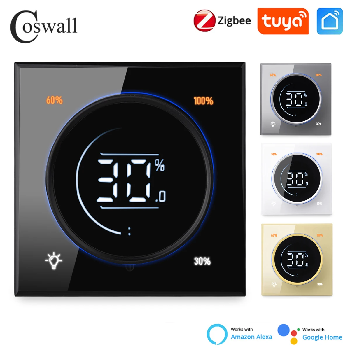 

COSWALL Infinite Knob Thyristor Dimmer Regulator Zigbee 3.0 Tuya Smart Glass Panel Wall Light Switch AC 100-250V Digital LCD