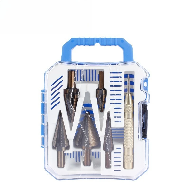 For 6Pc Pagoda Drill Center Punch Set, Triangular Handle Woodworking Drill Bit Combination Tool Plastic Box Drill Bit Set