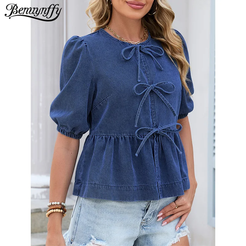 Benuynffy Round Neck Puff Sleeve Lace Up Denim Shirt Women Summer Y2k Streetwear Casual Solid Color Ruffle Hem Jean Top Blouses