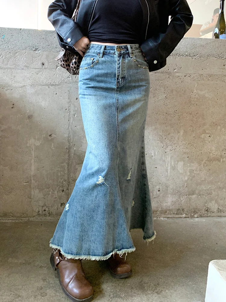 

Slergiri New Vintage Frayed Mermaid Hem Denim Long Skirts Women Korean Fashion Streetwear High Waisted Ripped Jeans Skirts