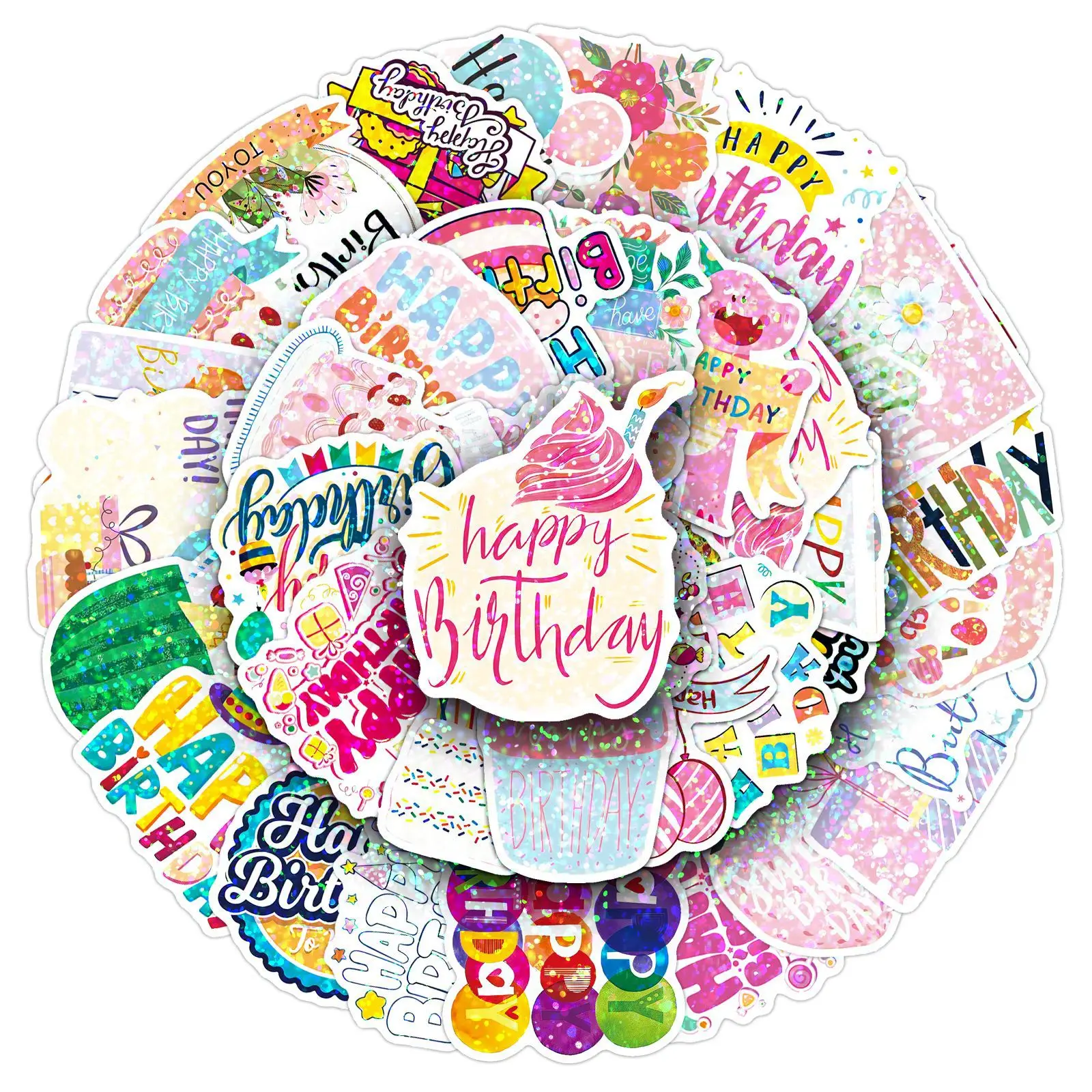 

50PCS Laser Style Cartoon Cute Happy Birthday Fun Doodle Stickers Decoration Diary Water Cup Phone Case Waterproof Decal Toy