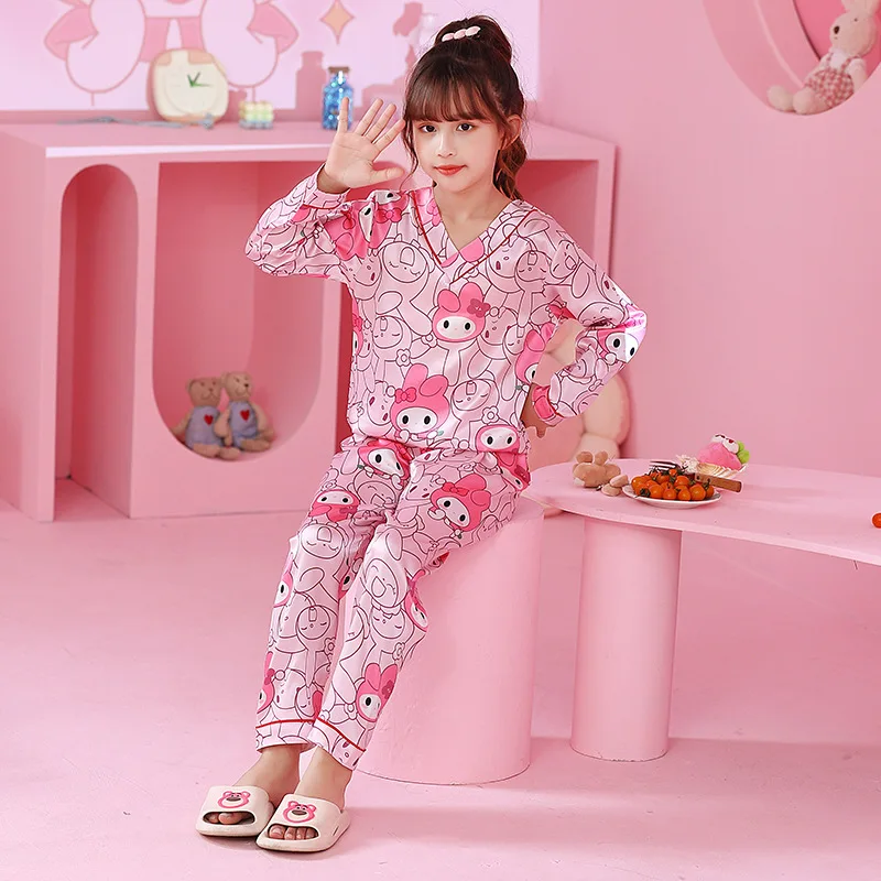 Pijama de manga comprida Sanrio para meninas, roupas domésticas, seda gelada, Kuromi bonito dos desenhos animados, presente, primavera e outono, novo