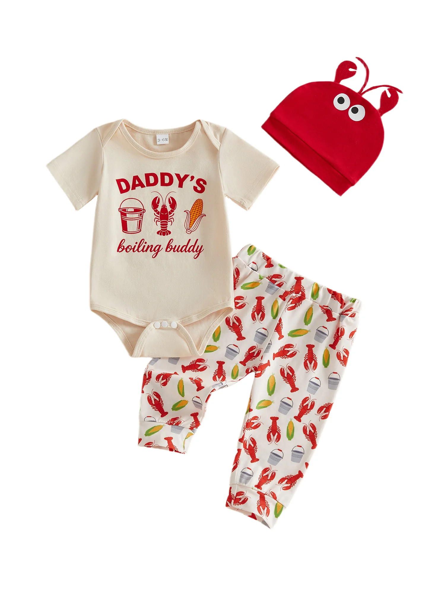 

Комплект пляжной одежды для маленьких мальчиков с милым принтом краба, комбинезон с круглым вырезом и короткими рукавами, длинные брюки и подходящая шляпа - летний комплект из 3 предметов