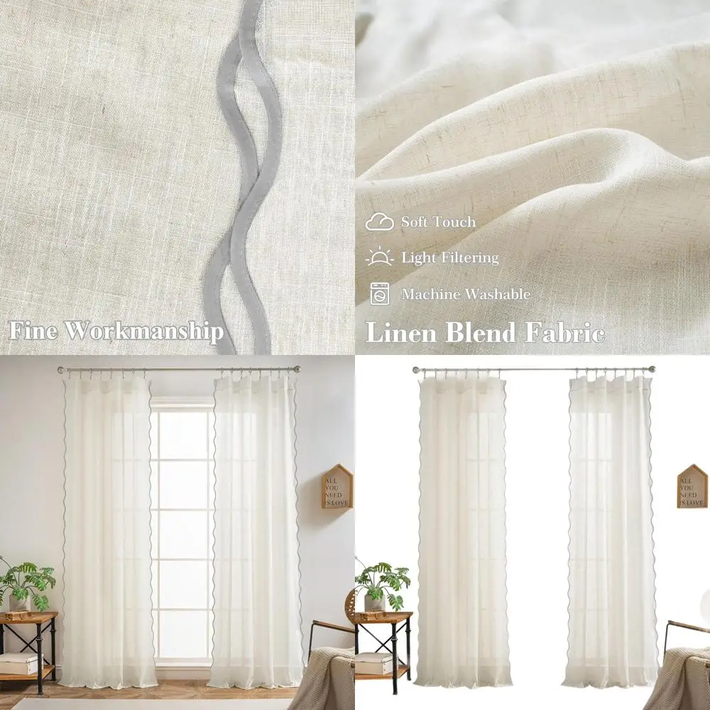 

Gray Linen Scalloped Curtains for Coastal Living, 2-Panel Set, 52x96 with Rod Pocket