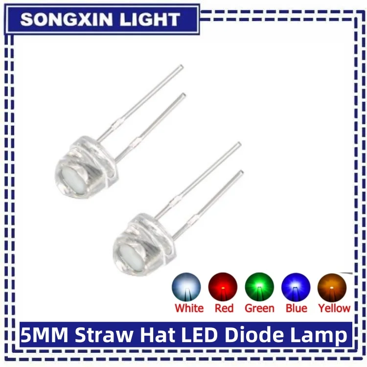 50PCS Straw Hat LED Diode 5MM Blue Green Red Yellow White Light Emitting F5 Super Bright Led