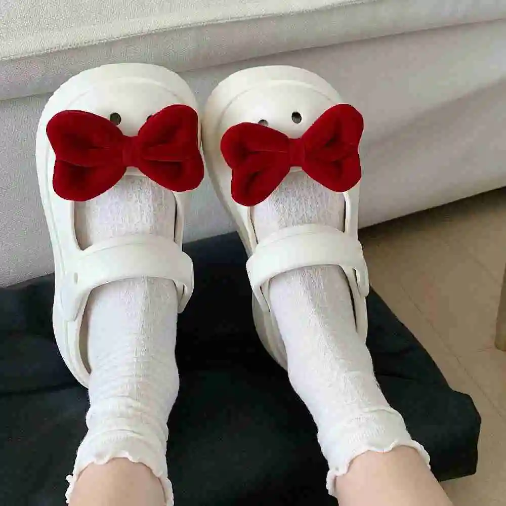 Sweet Cute Bowknot Mary Jane Hole Shoes Women\'s Garden Shoes DIY Hollow Out Slipper Summer Wearing Sandals Cosplay