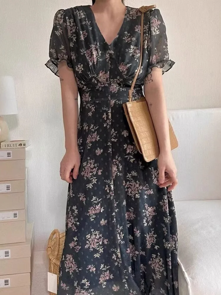 Retro Summer Floral Chiffon Dr with Waist Cinching Tie Bubble Sve Long Women's Faion Korean Sle High Waist ort Sl...