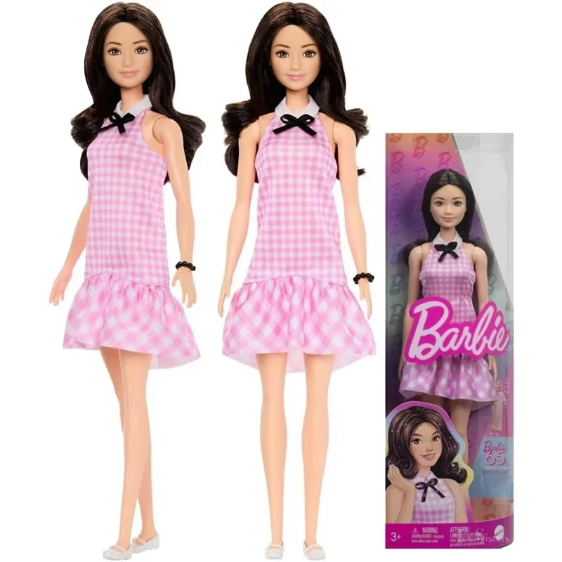 Muñecas Barbie originales, Fashionistas, pelo negro ondulado, rosa, accesorios de vestir a cuadros vichy, regalos de moda, juguetes para niñas, 65 ° aniversario