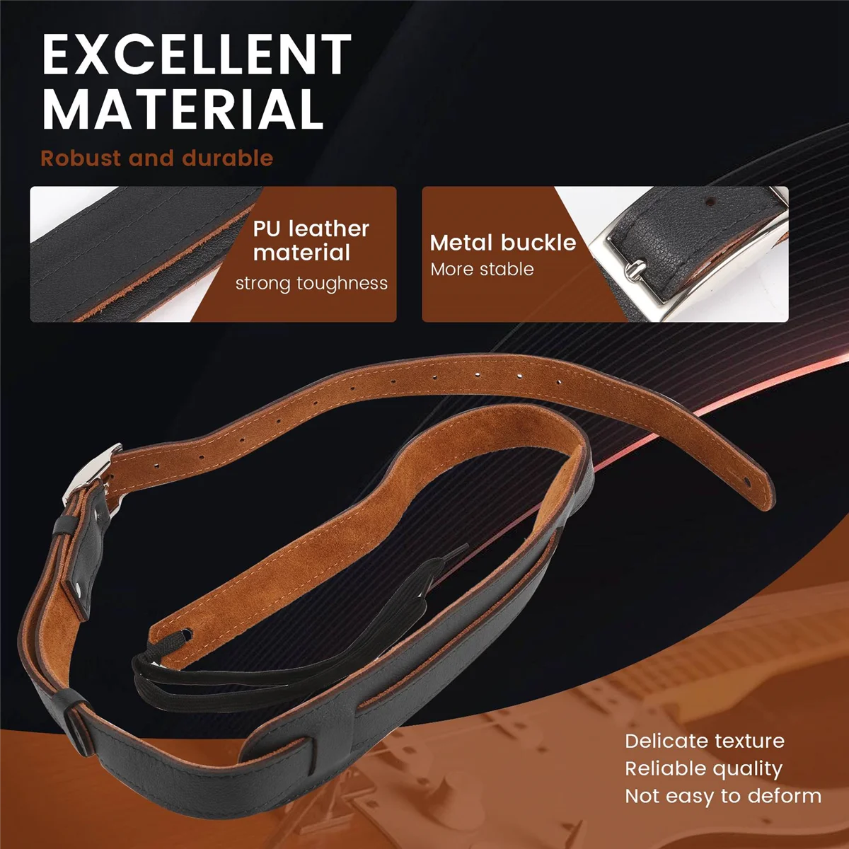 Practical Durable Leather and Metal Buckle Electric Guitar Strap Belt Shoulder Pad Adjustable Vintage Guitar Straps-Black Color