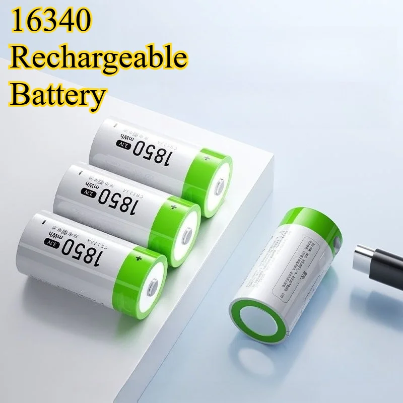 

16340 Rechargeable Lithium Battery 3.7V 1850mWh Li-ion with USB Charger CR123A Compatible for Strong Flashlight Torch LED Light