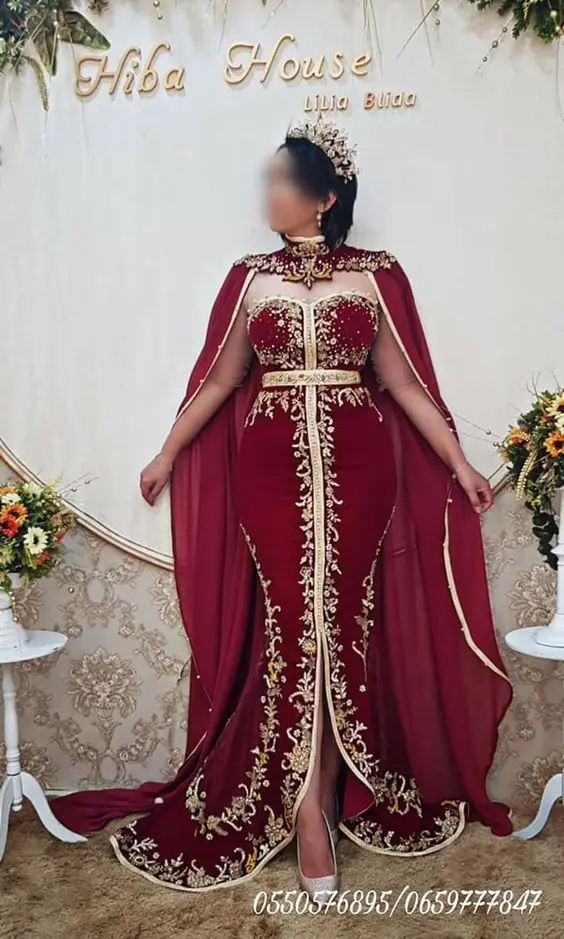 Dard Red Embroidery Fishtai Cut Evening Occasion Dresses with Cape Gold beaded applique Algerian Caftan Prom Gowns Mermaid