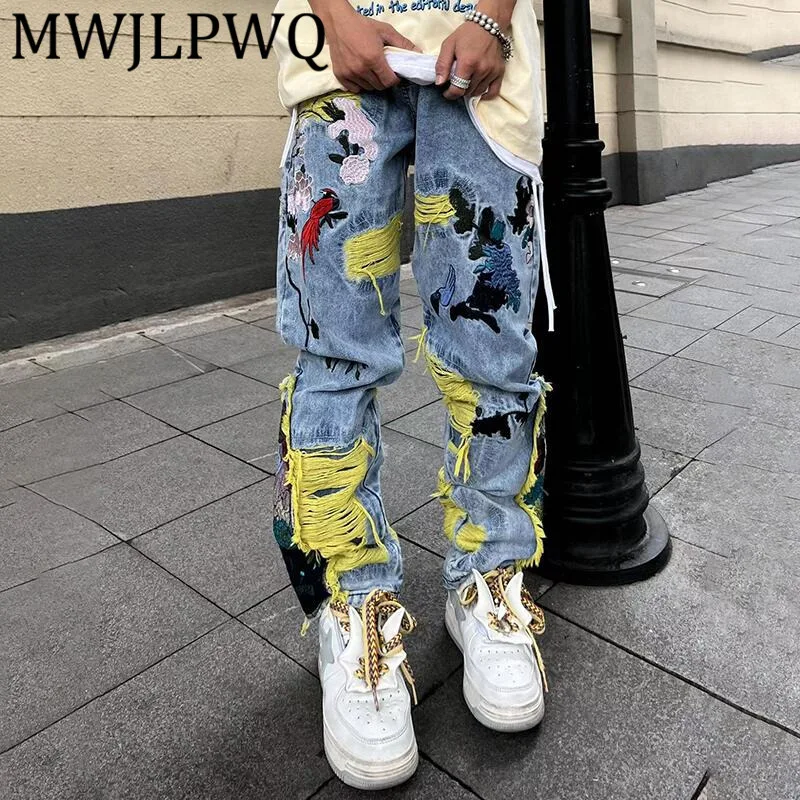 MWJLPWQ Hiphop Y2k American Street Heavy Stickerei Distressed Jeans Herren Unisex 2025, neue gebürstete Loch-Nissed-Langhose 12529
