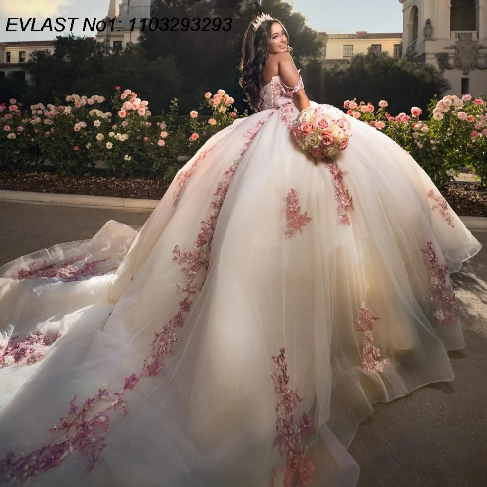 EVLAST Customized Glitter Ivory Quinceanera Dress Ball Gown Pink Floral Applique Beading Sweet 16 Vestidos De 15 Anos E1QN652