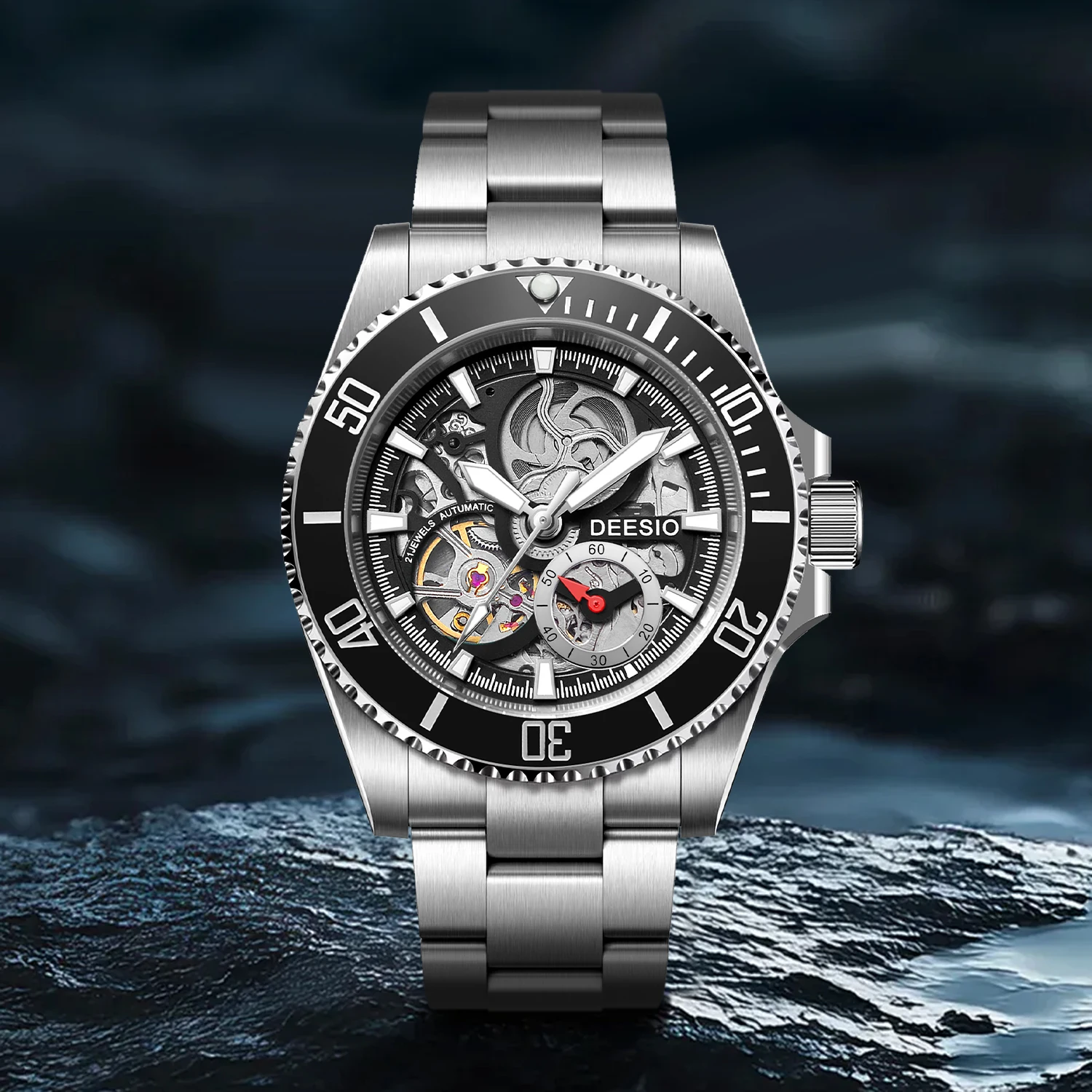 Deesio Orologio automatico da uomo nuovo Orologio da polso meccanico a carica automatica con cassa in acciaio inossidabile con cristallo di zaffiro resistente all'acqua