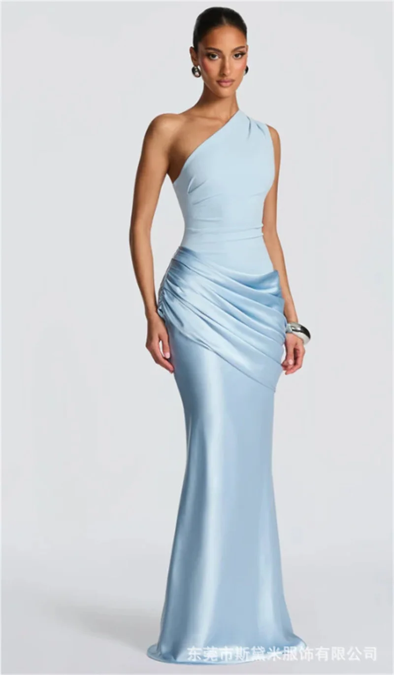 Vestido de fiesta marrón, vestido de fiesta de sirena sin mangas con un hombro Sexy, vestido de noche Formal de satén con volantes para invitados de boda y cumpleaños