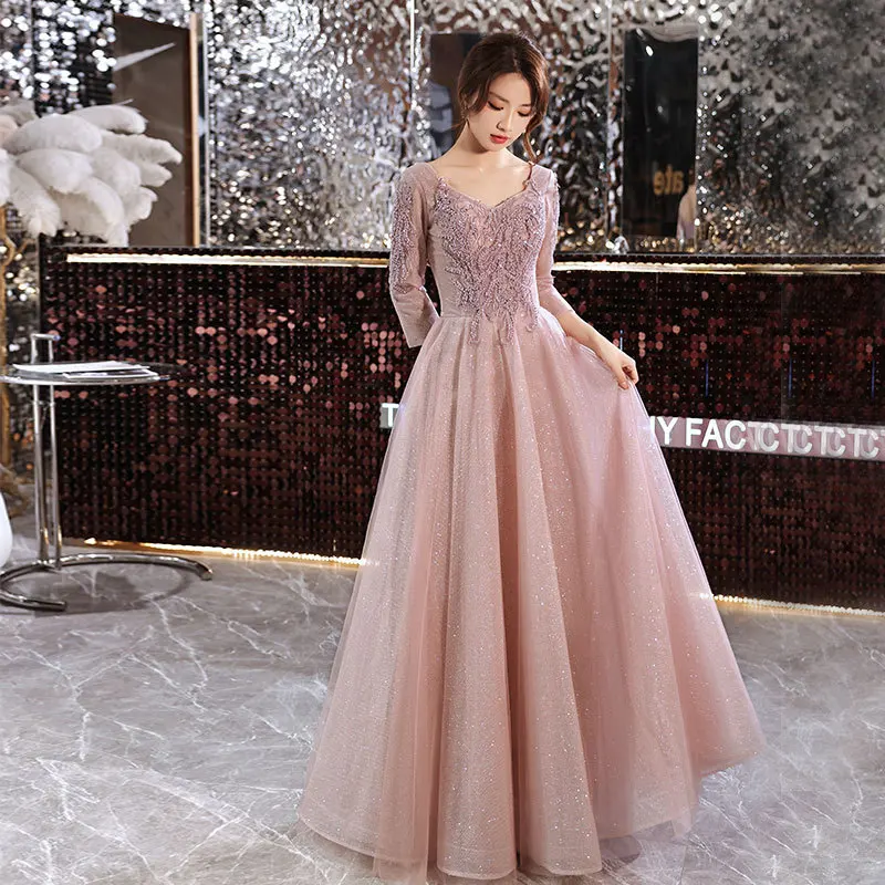 

Sparkling Pink Evening Dress Embroidered V-Neck Formal Banquet Gown Elegant Seven Quarter Sleeve Long Wedding Party Vestido