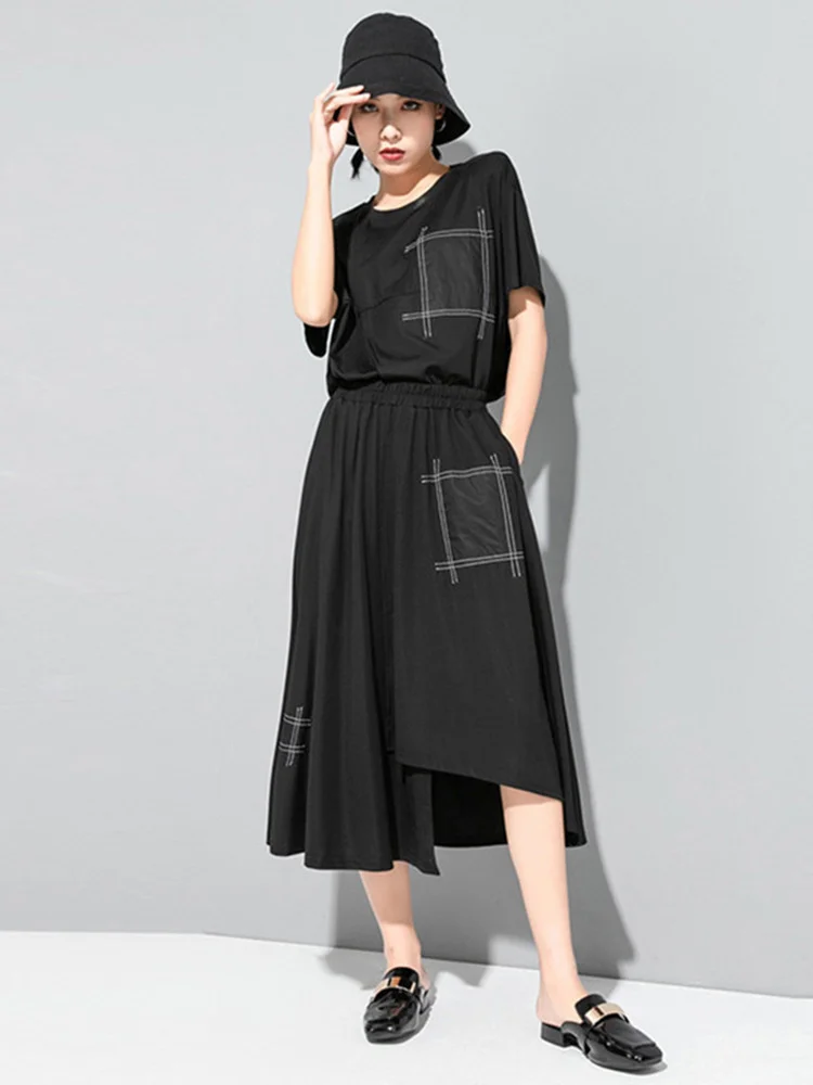 Irregular Pocket Spliced High Elastic Waist Black Half-body Mid-Calf Skirt Women Fashion Tide Spring Summer