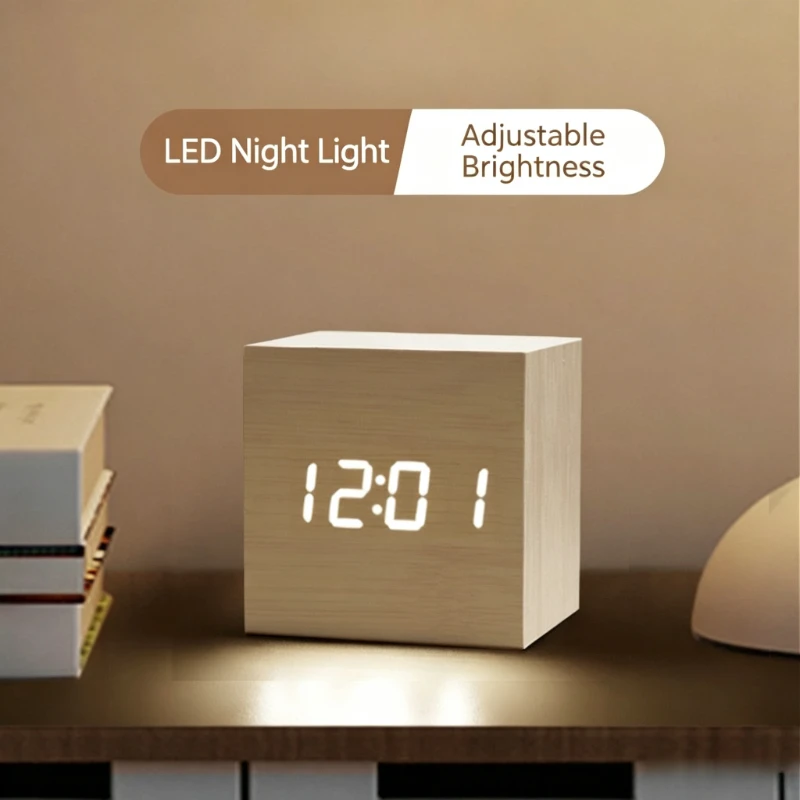 Wooden Digital Alarm Clock with Temperature Sound Control Electronic Clocks Desktop USB/AAA Powered Desperadoe LED Bedside ClocK