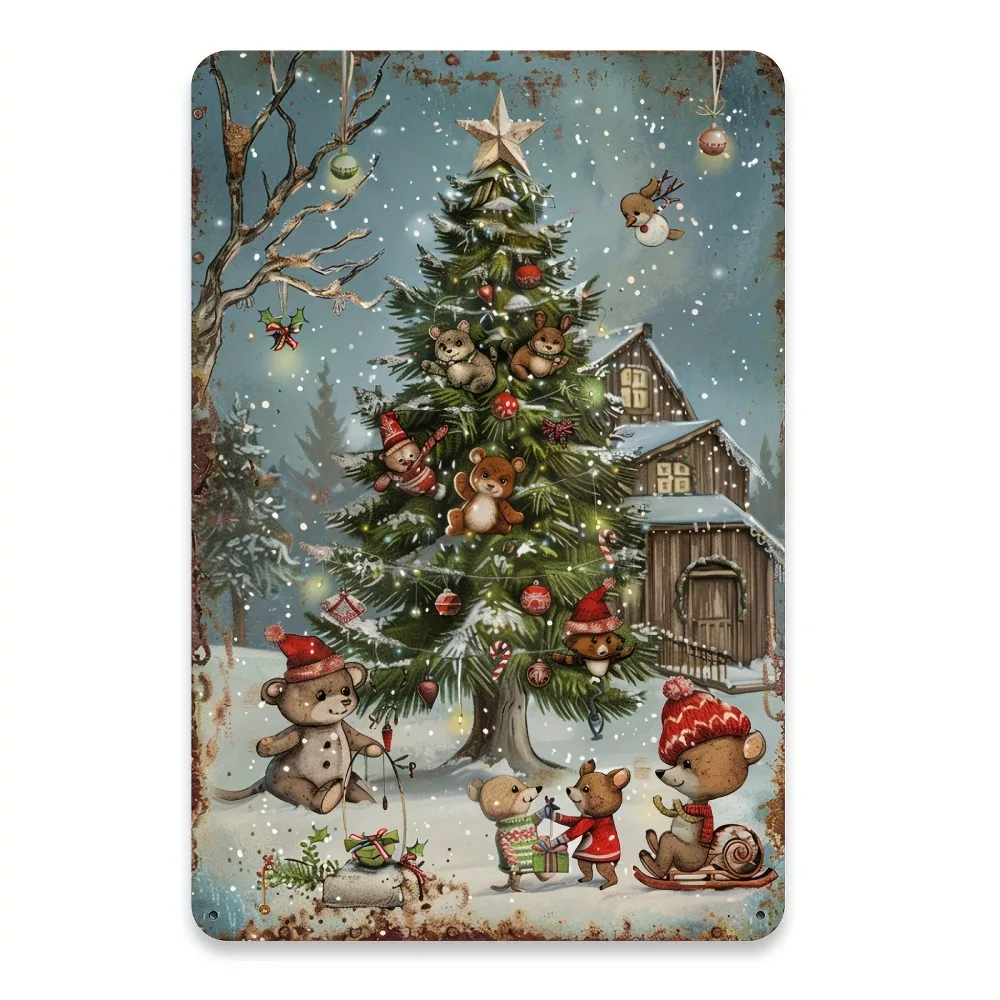 Vintage-Weihnachtsbaum-Metallschild – niedlicher Bär, Schneehaus, Sternennacht, robuste Wanddekoration für Zuhause, Café, Bar, Garage, Garten, einfach